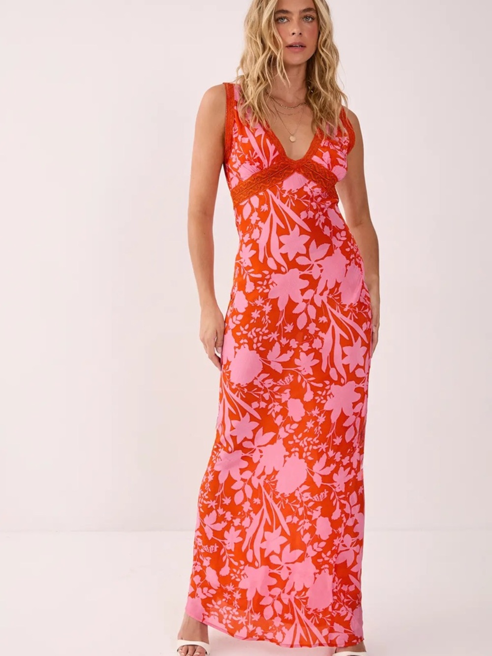Nasty Gal Pink & Orange Floral V-Neck Maxi Dress Silk-like